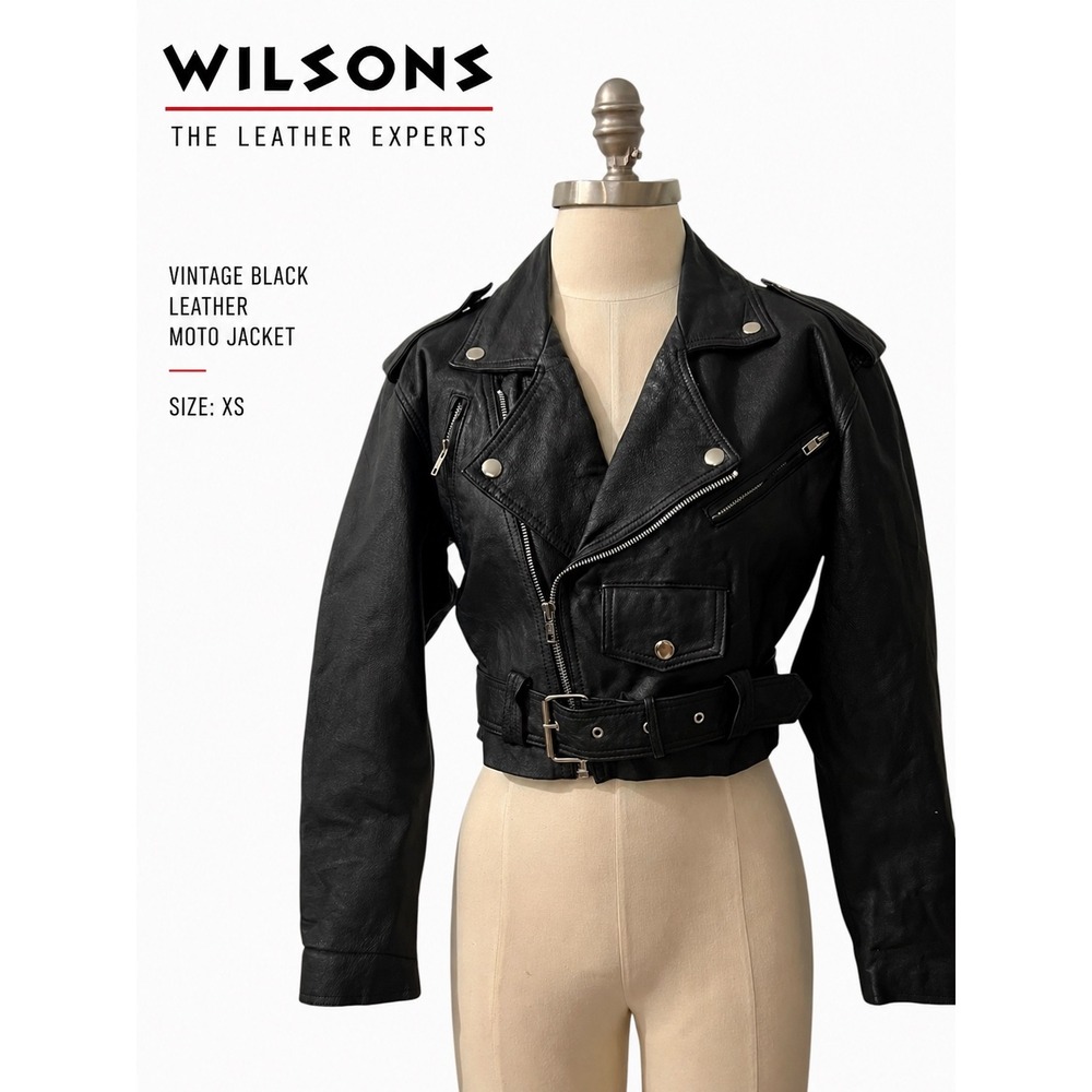 WILSONS BLACK LEATHER CROPPED MOTO JACKET BELTED XS - Picture 7 of 10